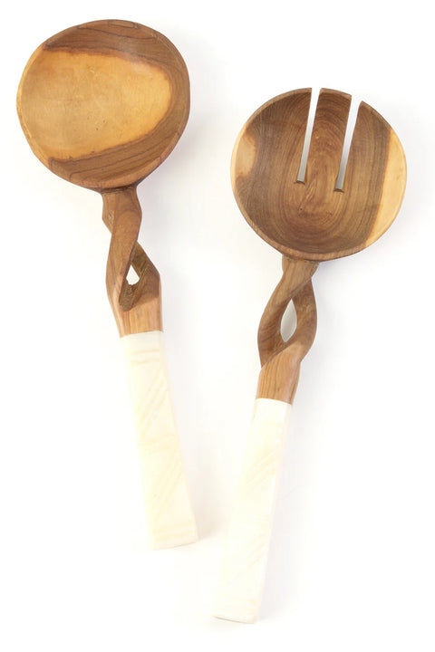 Twisted Kenyan Olive Wood Salad Servers with Bone Handles