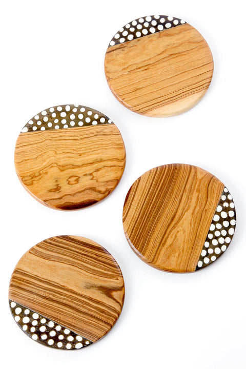 Kenyan Wild Olive Wood Coasters with Dyed Bone Inlay