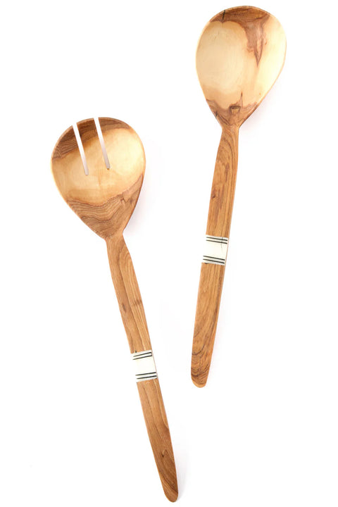 Slim Wild Olive Wood Salad Servers with Bone Inlay