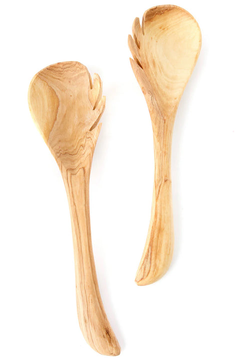 Kenyan Wild Olive Wood Leaf Salad Servers