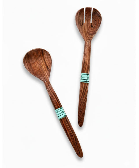 Slim Wild Olive Wood Salad Servers with Bone Inlay