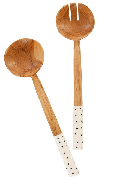 Kenyan Olivewood Salad Servers with Polka Dot Bone Handles