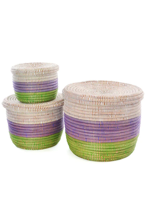 Lavender, Green, and White Lidded Storage Baskets