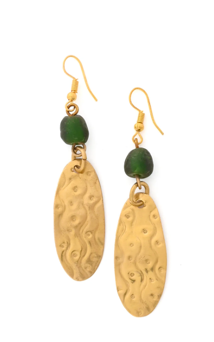 Small Brass Earrings with Green Glass Bead