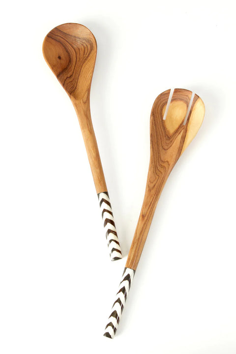 Kenyan Olive Wood Simple Salad Servers with Batik Bone Handles