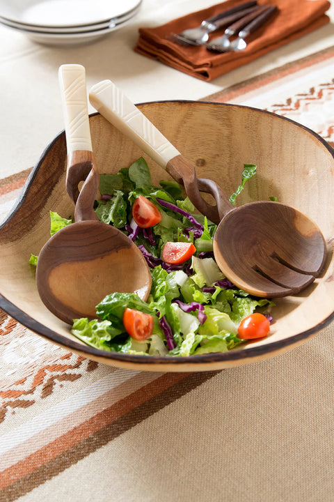Twisted Kenyan Olive Wood Salad Servers with Bone Handles