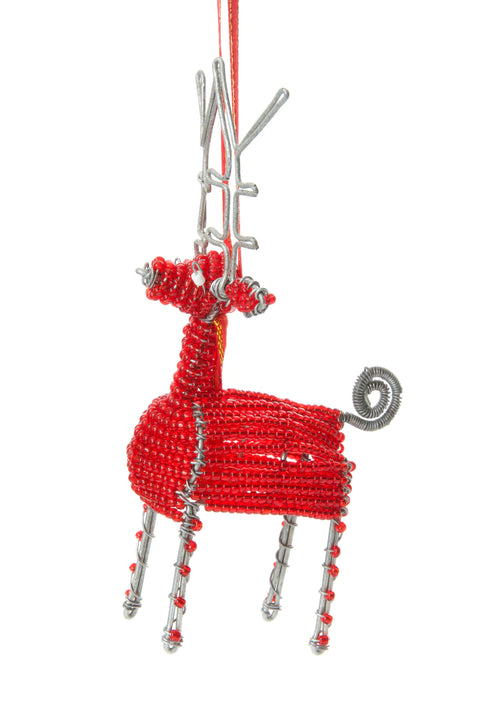 Kenyan Red Beaded Wire Holiday Reindeer Ornament
