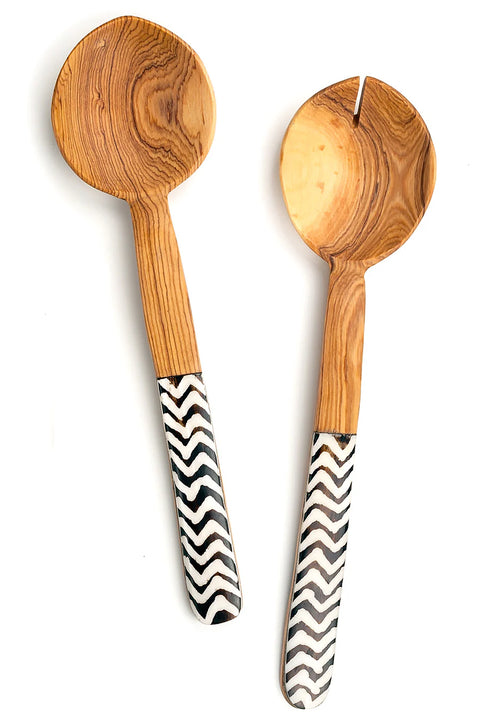 Kenyan Wild Olive Wood and ZigZag Cow Bone Flat Handle Servers